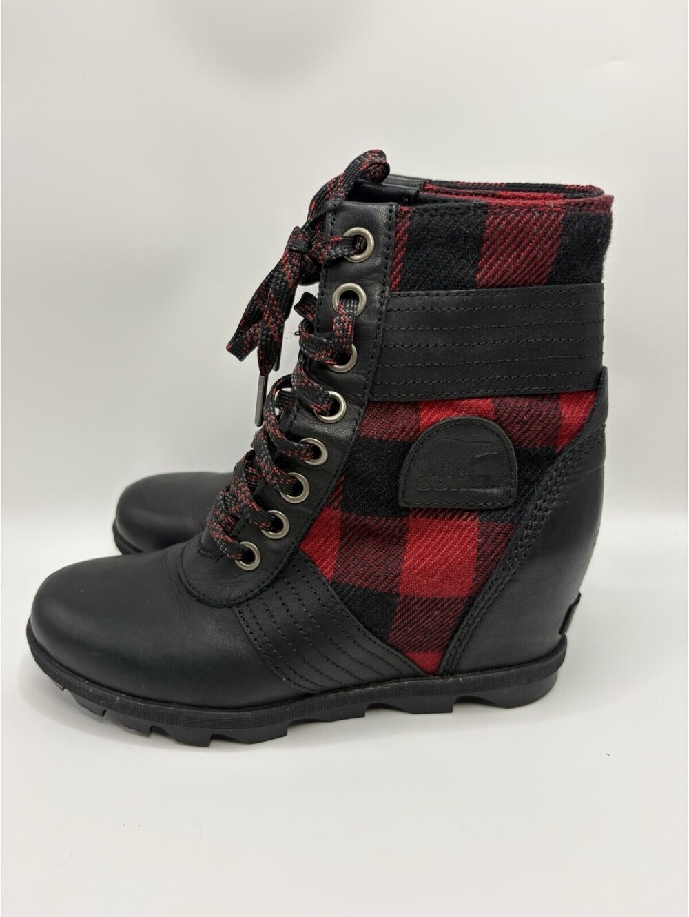 Sorel Lexie Wedge Ankle Boots Womens Size 8.5 Checkered Red Black Leather